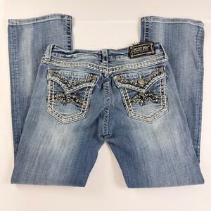 Miss Me Jeans Womens 30 Bootcut Bling Flap Pocket Medium Wash Distressed (read)